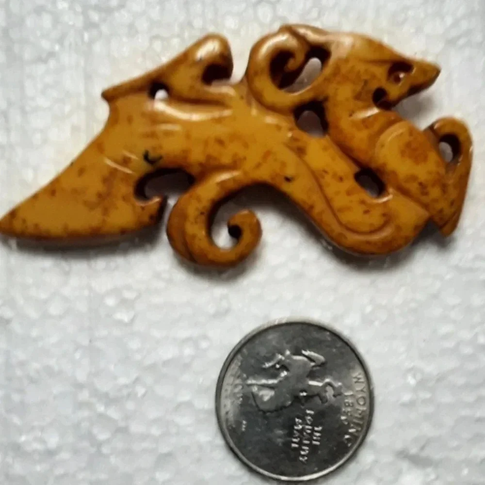 BAKELITE 1930s Vintage Marbled Butterscotch RARE Carved Dragon Brooch Pin OOAK